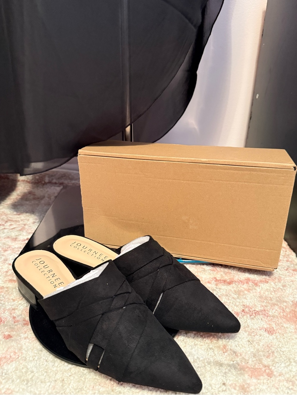 Journee Collection Black Pointed Crisscross Mules - Picture 2 of 5